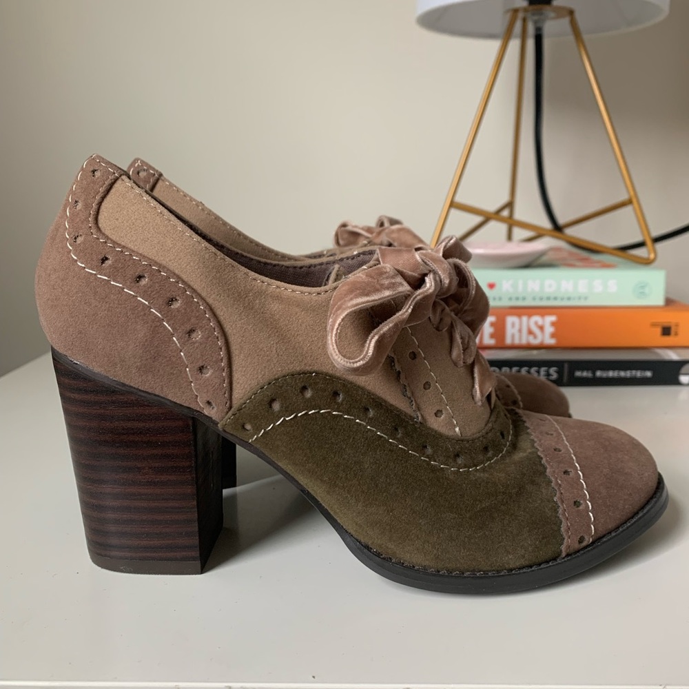 Restricted Shoes Olive and Tan Faux Suede and Velvet Heels